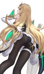 absurdres artist_request ass bare_shoulders black_pantyhose blonde_hair clothes_lift dress dress_lift drop_earrings earrings elbow_gloves female from_behind from_below gloves headpiece highres jewelry lifting_own_clothes long_hair looking_at_viewer looking_back mythra panties panties_under_pantyhose pantyhose pantyshot solo standing swept_bangs takahashi_hizumi thigh_strap tiara underwear very_long_hair white_dress white_panties xenoblade_(series) xenoblade_chronicles_2 yellow_eyes