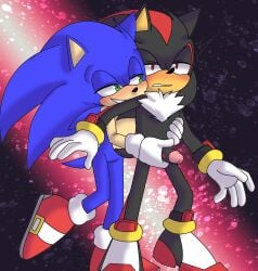 2boys angelofhapiness bedroom_eyes black_fur blue_fur dubious_consent from_behind gay green_eyes half-closed_eyes hand_on_penis handjob hedgehog hi_res holding_penis male male_only narrowed_eyes red_eyes sega shadow_the_hedgehog smile sonadow sonic_(series) sonic_the_hedgehog sonic_the_hedgehog_(series) yaoi