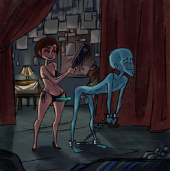 1boy 1girls alien alien/human blue_skin blush blushing bondage bra canon_couple chains dreamworks female femdom heels high_heels human imminent_pegging interspecies junosunderland male male/female malesub megamind megamind_(character) on paddle paramount_pictures pegging penis roxanne_ritchi shoes short_hair spanked_butt spanking spanking_ass straight strap strapon