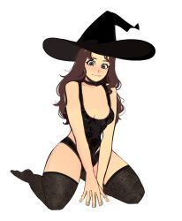 1girls breasts brown_hair color female hexia_(miaormoa) messy_hair miaormoa(artist) oc original solo thighhighs witch_hat