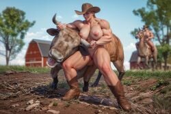 abs absurd_res ai_generated ass_visible_through_thighs barn biceps big_breasts blonde_hair blue_eyes boots braid breasts bull cowboy_hat cowgirl farm female female_only feral grabbing grabbing_horns grin horns horse knoworai muscles muscular muscular_arms muscular_female muscular_thighs naked navel nipples nude outdoors pussy realistic stable_diffusion thick_thighs tree wide_hips