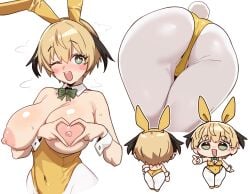 1girls ass blonde_hair breasts bunny_ears bunny_girl bunnysuit ebora fat_ass fate/grand_order fate_(series) female gareth_(fate) green_eyes heart_gesture large_breasts leggings nipples open_mouth short_hair smile sweat topless
