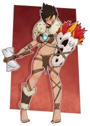 cavewoman huge_ass huge_breasts lips midriff navel overwatch overwatch_2 red_background thick_lips thick_thighs tracer white_background wide_hips wrenzephyr2