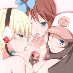 2girls blonde_hair blue_eyes der_(derm9) elesa_(pokemon) female hilda_(pokemon) human kakuna multiple_girls nintendo orgy pokemon skyla_(pokemon)