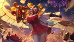 alternate_breast_size brown_eyes brown_hair bursting_breasts dragon_lantern_zeri edit edited_official_artwork fireworks huge_breasts league_of_legends league_of_legends:_wild_rift lipstick lunar_revel_series naughty_face panties red_dress red_lipstick riot_games smug sutton184_edits thick_lips thick_thighs third-party_edit wide_hips zeri_(league_of_legends)