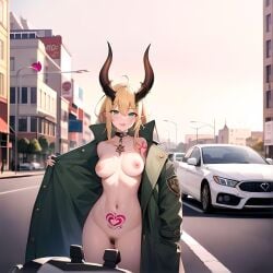 ai_generated blonde_hair car choker exhibitionism exhibitionist female_only flashing flashing_breasts flashing_pussy green_eyes hairy_pussy horns jacket markings public public_nudity slave slavegirl solo solo_female succubus thee_voiid unshaved_pussy