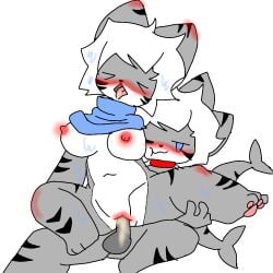 1boy 1female anthro big_ass big_belly big_breasts big_nipples big_penis boobs_out changed_(video_game) furry kemono shark shark_tail tiger_shark_(changed)