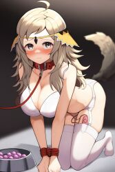 ai_generated all_fours blonde_hair blush bondage bowl collar collar_and_leash fire_emblem fire_emblem_fates leash leash_and_collar lingerie ophelia_(fire_emblem) pet_bowl petplay tail_plug tied_hands tied_up tiques