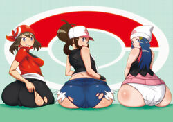 3girls alternate_breast_size anus ass bandana big_ass big_butt blue_hair bottom_heavy brown_hair dawn_(pokemon) female female_only hair hat hilda_(pokemon) huge_ass human human_only looking_back may_(pokemon) medium_breasts multiple_girls pokemon shorts small_breasts smiling spandex unknown_artist wide_hips