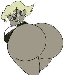 1girls agent_two ass ass_focus big_ass big_breasts blonde_hair breasts female_only helluva_boss huge_ass large_ass looking_at_viewer looking_back presenting_hindquarters sideboob smile solo sunglasses vivienne_medrano vivziepop