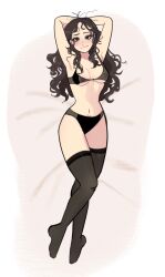 1girls black_lingerie breasts brown_hair color dakimakura_design female freckles hexia_(miaormoa) human jpeg looking_at_viewer messy_hair miaormoa(artist) oc original solo thighhighs