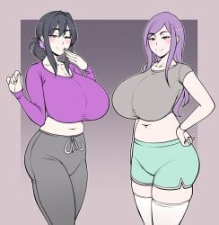 2girls breasts curvy_female fit_female jam-orbital leggings multiple_girls shorts