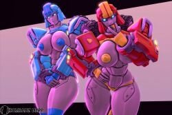 2girls 3d big_breasts big_nipples blue_eyes blue_nipples breasts busty covering_crotch fan_character grey_body komradederp nipples oc robot robot_girl robot_humanoid thick_thighs tongue tongue_out transformers trawert yellow_nipples yellow_tongue