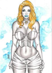 big_breasts blonde_hair blue_eyes blue_lipstick booty_shorts breasts cameltoe corset curvy curvy_figure earrings elberty_(artist) emma_frost female female_only hellfire_club hourglass_figure marvel marvel_comics panties pussy_bulge traditional_art traditional_media_(artwork) undressing white_queen x-men