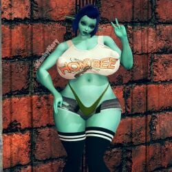 1girls 3d 3d_(artwork) alien alien_girl alien_humanoid bimbo blue_body blue_eye blue_hair blue_skin breasts_bigger_than_head brick_wall clothed eyeshadow female female_focus funkymery gigantic_breasts heterochromia hips honey_select honey_select_2 honeybee_inn_uniform huge_breasts huge_hips huge_lips huge_nipples illusion_soft navel outside peace_sign red_eye ripped_shorts sex_worker short_shorts shorts_unzipped solo solo_female solo_focus soria thick_thighs thighhighs thighs thong unzipped_pants watermark