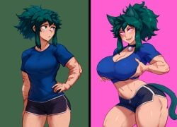 abs adult_swim ai_generated ass_expansion before_and_after bimbofication breast_expansion cat_ears cat_tail catgirl corruption crossgender female female_deku freckles freckles_on_face genderswap_(mtf) green_eyes huge_ass huge_breasts izuku_midoriya krystalizedart muscular_female muscular_thighs my_hero_academia pink_eyes rule_63 scars scars_all_over scars_on_arm small_breasts solo t-shirt thick_thighs thigh_expansion thin_waist toonami transformation wide_hips