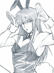 alternate_costume arms_up bishonen bowtie bunny_boy bunny_ears bunny_tail bunnysuit crossdressing detached_collar gintama katsura_kotarou llemonyyyy long_hair long_hair_male looking_at_viewer male male_only male_playboy_bunny monochrome sketch solo toned toned_male upper_body wrist_cuffs