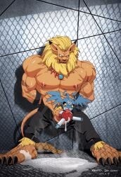 abs absurd_res anthro bandai_namco biceps big_muscles bodily_fluids bondage bottomwear bottomwear_down clothed clothing cock cock_and_ball_torture cum cum_pool demidevimon digimon digimon_(species) drugs duo ear_piercing ear_ring erection felid genital_fluids genital_torture genitals hands_behind_back hi_res humanoid_genitalia humanoid_penis in leaking_cum leomon licking lion male male_focus male_only mammal muscular nipple_piercing nipple_ring nipples oral pantherine pants pants_down partially_clothed pecs penile penis penis_lick piercing ring_piercing roaringmoon sex standing syringe tongue topless unconscious_male