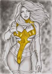 big_breasts breasts cameltoe curvy curvy_figure earrings elberty_(artist) emma_frost female female_only hellfire_club hourglass_figure leotard marvel marvel_comics phoenix_five thong_leotard traditional_art traditional_media_(artwork) white_queen x-men