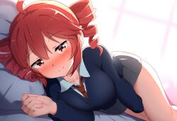 1girls ai_generated bed blush covering_crotch covering_pussy drill_hair en_tame_chika_mo_mina kasane_teto large_breasts looking_at_viewer medium_hair pillow red_eyes red_hair red_necktie smile smug solo thighs twin_drills utau