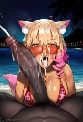 1-a_dot 1boy 1girls ai_generated beach bikini blowjob breasts censored cum dark-skinned_female dark-skinned_male dark_skin fate/grand_order fate_(series) fellatio female gyaru interracial light-skinned_female light_skin male oral oral_sex penis suzuka_gozen_(fate)