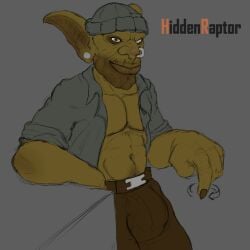 anthroraptor balls_outline beanie belt blizzard_entertainment bottomwear bulge clothed clothing detailed_bulge ear_piercing genital_outline gesture goblin goblin_male green_body hat headgear headwear humanoid male navel open_clothing open_shirt open_topwear pants penis_outline piercing shirt skharn_(anthroraptor) smile smirk solo topwear warcraft