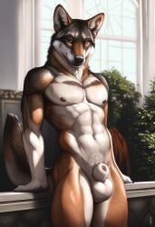 1boy 2024 abs ai_generated animal_genitalia anthro avaru black_nose brown_body brown_fur canid canine canis fur gay genitals humanoid leaning leaning_back leaning_on_railing looking_at_viewer male male_focus male_only mammal muscular muscular_male navel nipples nude penis plant seductive sheath solo tagme white_body white_fur wolf