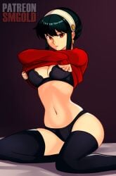 absurdres black_hair black_panties bra breasts cleavage clothes_pull dress female hairband highres navel panties pulling_own_clothes red_eyes sidelocks smgold solo spy_x_family tagme thighhighs thighs underwear undressing yor_briar yor_forger