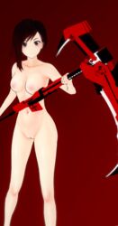 3d black_hair breasts completely_naked completely_nude fefreak726 female holding_object koikatsu long_legs looking_at_viewer medium_breasts naked nipples nude nude_female red_hair ruby_rose rwby scythe short_hair silver_eyes simple_background teenage_girl teenager two_tone_hair weapon younger_female