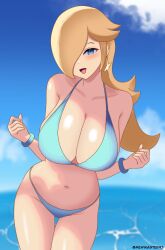 1girls absurd_res big_breasts blonde_hair blue_eyes blush breasts female female_only hi_res highres huge_breasts mario_(series) mewmaster93 navel nintendo one_eye_covered open_mouth princess_rosalina smile solo solo_female swimsuit water