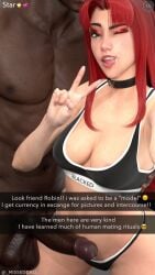 1boy 1girls 3d 3d_(artwork) balls blacked blacked_clothing caption cheating_girlfriend cleavage cuckold cum cum_in_mouth cum_on_face dark-skinned_male dark_skin dc dc_comics english english_text interracial large_penis missed_call nipple_peek nude peace_sign penis red_hair selfie snapchat starfire teen_titans testicles text underwear wink winking_at_viewer