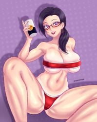 alcohol assymptoad beer bikini black_hair blush breasts cameltoe can cleavage demi-chan_wa_kataritai female glasses highres hoop_earrings jewelry large_breasts lips lipstick long_hair navel open_mouth ponytail purple_eyes satou_sakie simple_background smile solo spread_legs succubus swimsuit tanline tanlines tube_top