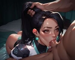 1boy 1girls ai_generated black_hair blowjob clothed_sex deepthroat ling_ying_wei long_hair long_ponytail looking_up muscular_male ponytail ponytail_hold pulling_hair riot_games sage_(valorant) sloppy_blowjob valorant