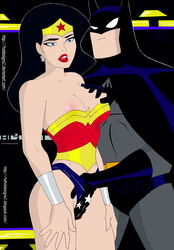 1boy 1girls batman batman_(series) big_breasts black_hair blue_eyes breasts dc dc_comics dcau earrings female fingering_through_clothes fingering_through_panties hand_in_panties hand_under_clothes hotdesigns2 justice_league male nipples tiara wonder_woman wonder_woman_(series)