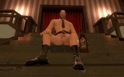 1boy 3d anal_insertion beer belt belt_buckle boots bottle buttplug facial_hair flaccid_while_penetrated furei garry's_mod glasses looking_at_viewer male male_only necktie nude on_stairs shaved_head soldier solo team_fortress_2