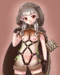 arrow belt bondage braid breasts brown_eyes censored clitoris_piercing cloak dildo dildo_harness dragon's_crown elf elf_(dragon's_crown) female gloves grey_hair harness hood monugaeru navel_piercing nipple_piercing nipples pussy pussy_plug quiver shorts smile solo tattoo twin_braids x-ray