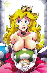 1up areola blonde_hair blue_eyes breast_press breast_rest breasts breasts_out cleavage crown dress ear_piercing exposed_breasts female gloves human joehentai large_breasts lipstick long_gloves long_hair looking_away mario_(series) mushroom necklace nintendo nipples princess_peach red_lipstick sitting smile super_mario_bros. thick_lips topless white_gloves