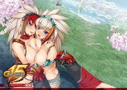 2girls armor barioth_(armor) blue_eyes breasts butt_crack cherry_blossoms female frottage hug huge_breasts hugging long_hair monster_hunter multiple_girls nipples outdoors purple_eyes red_hair saliva symmetrical_docking water wet white_hair yuri