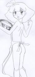 1girls apron artist_request ass breasts female hair_bow looking_at_viewer magical_girl magical_princess_minky_momo minky_momo naked_apron pink_hair princess short_hair sketch solo standing