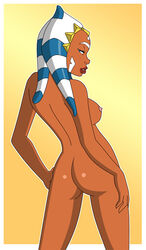 1girls ahsoka_tano ass blue_eyes breasts clone_wars female_focus female_only jedi jedi_padawan looking_at_viewer looking_back medium_breasts nipples nude pervyangel pose rear_view sideboob solo solo_female star_wars the_clone_wars:_season_one togruta white_background yellow_background