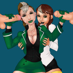 2girls anna_marie black_lipstick breast_grab cleavage clonecest cum cum_in_hair cum_on_breasts cum_on_lips eyeliner eyeshadow faceless_male facial goth green_lipstick handjob marvel marvel_comics multiple_girls punk rogue_(x-men) selfcest skottichan twincest wolverine_and_the_x-men x-men