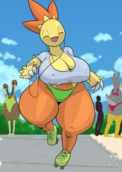 2020 3girls anthro anthrofied avian beach big_breasts bikini bikini_bottom breasts cleavage closed_eyes clothed combusken curvy doduo farfetch'd furry furry_only groin hi_res highres hourglass_figure listening_to_music nintendo nipple_bulge nipples orange_feathers outdoors outside plaga pokémon_(species) pokemon pokemon_rgby pokemon_rse roller_skates shortstack smile solo_focus swimsuit thick_thighs thighs voluptuous wide_hips