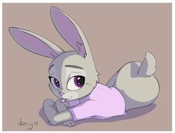 2019 anthro ass border bottomless brown_background cheek_tuft clothed clothing disney facial_tuft female fur grey_body grey_fur inner_ear_fluff judy_hopps kiwwa lagomorph leporid mammal purple_eyes qrog rabbit simple_background solo tongue tongue_out tuft white_border zootopia