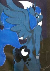 1girls ajin anthro anthrofied ass ass_grab blue_body bracelet breasts cutie_mark dark_background equine female friendship_is_magic from_behind fur furry horn horse looking_back mammal moon my_little_pony nipples pony princess princess_luna_(mlp) pussy royalty