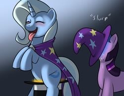 blush cloak cutie_mark friendship_is_magic happy horn kloudmutt my_little_pony oral oral_sex portal portal_(series) pussy_juice sitting smile smooth_skin tongue tongue_out trixie trixie_(mlp) trixie_lulamoon twilight_sparkle_(mlp) what wizard_hat