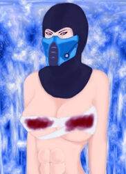 abs bandage bandaged_torso beige_skin blood blood_stain blue_eyes breasts color female female_only front_view looking_at_viewer mask mortal_kombat open_eyes red_blood rule_63 solo sub-zero tagme