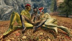 5_toes argonian balls barefoot bethesda_softworks deekus erection feet foot_ninja15 gaming genitals group hi_res humanoid humanoid_feet lizard madesi male male/male nude penis plantigrade reptile scalie screencap skyrim the_elder_scrolls toes trio