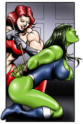 2girls avengers big_breasts bondage boots breasts female female_only femdom green-skinned_female green_hair green_skin hulk_(series) leotard lezdom light-skinned_female marvel marvel_comics multiple_girls muscles muscular muscular_female nipples on_knees red_hair she-hulk thundra tied_arms unknown_artist