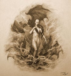 a_song_of_ice_and_fire bald bald_female daenerys_targaryen dragon lore_accurate monochrome naked no_bra no_clothes no_hair no_panties nude nude_female tagme