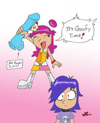 ami_onuki blue_hair cartoon_network dildo female footwear gradient_background hi_hi_puffy_amiyumi human jk neckwear pink_background tagme white_background wristwear yumi_yoshimura